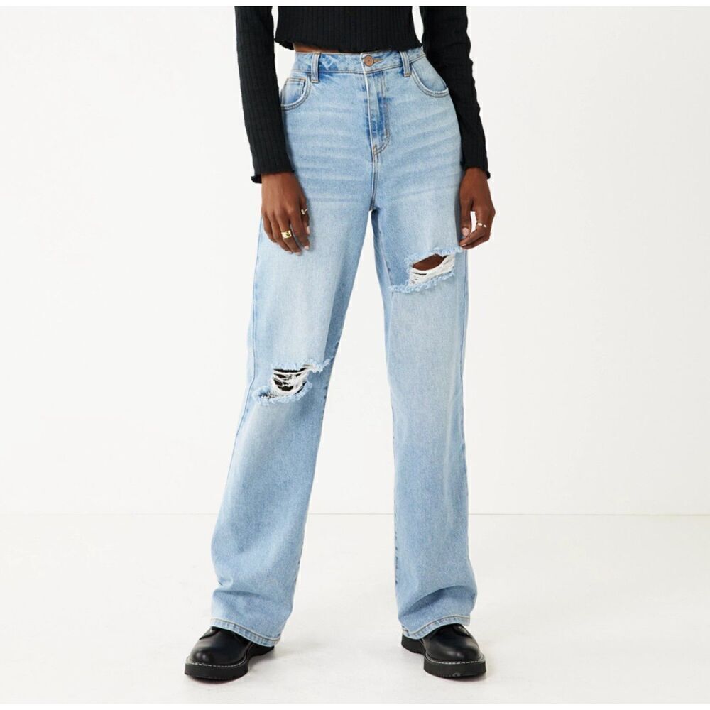 Jeans Super High Rise Wide Leg Denim Relaxed Distressed Light Wash Women sz 0